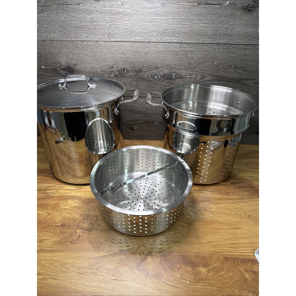 All Clad 12qt Stainless Steel Multi-Pot Perforated Insert Steamer Basket Lid~4pc